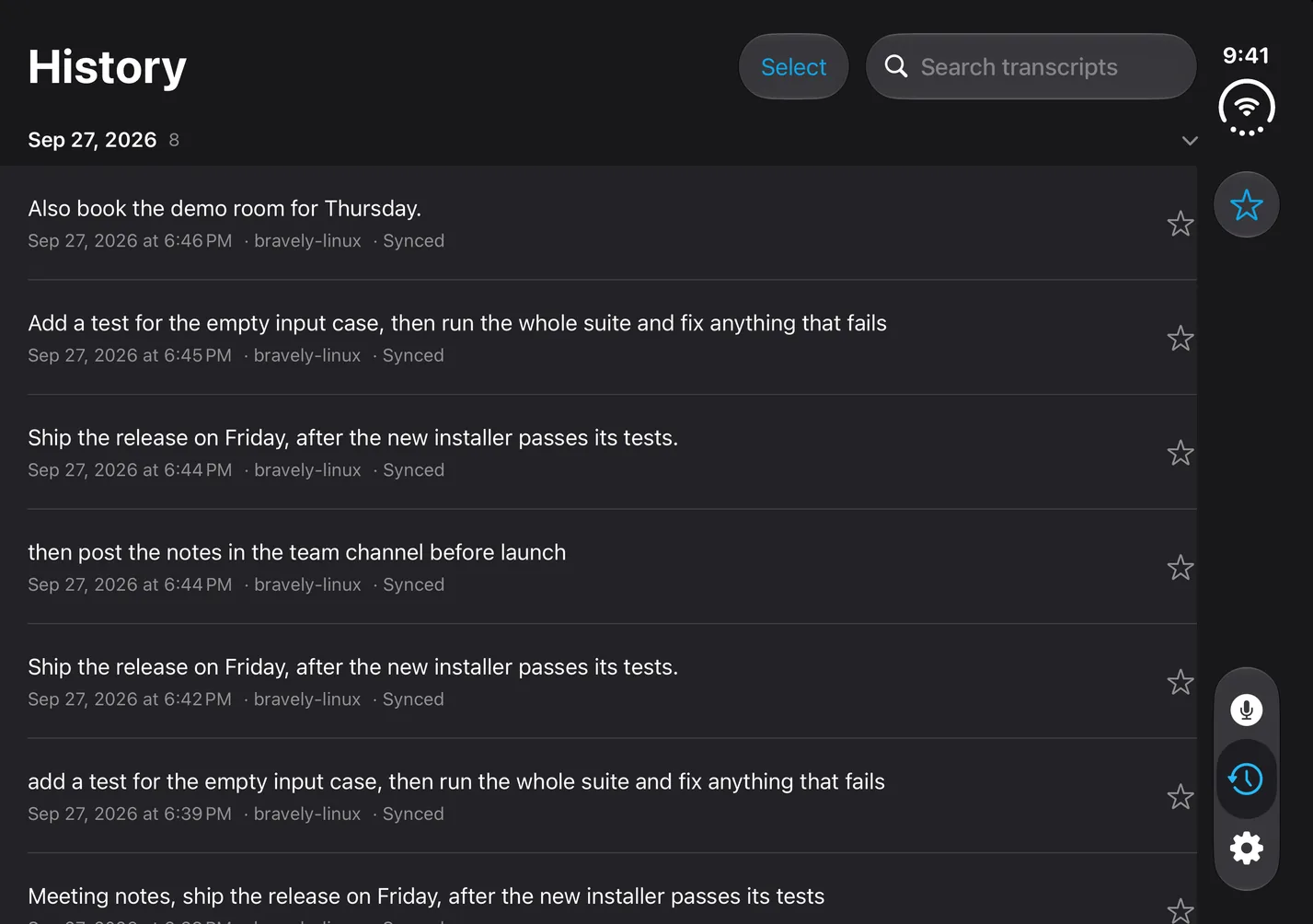 SayCopyPaste History on the inner display of iPhone Duo: full-width transcript rows, each with its time, its device, Synced and a star, under a Search transcripts field, with the tab rail on the right