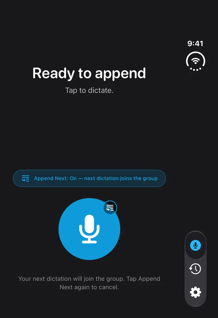 The SayCopyPaste Dictate screen on the outer display of iPhone Duo, closed: Ready to append, the Append Next: On bar, the record button and the tab rail on the right