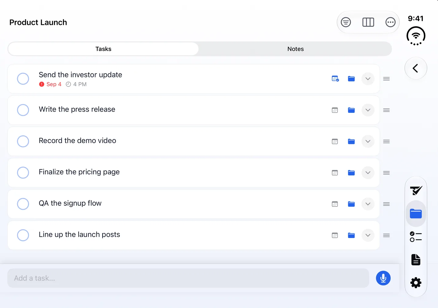 The Product Launch task list in Todoing.ly on the inner display of iPhone Duo: six tasks across the full width