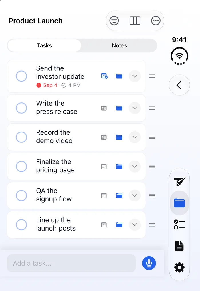 The Product Launch task list in Todoing.ly on the outer display of iPhone Duo, closed: six tasks with titles on two lines